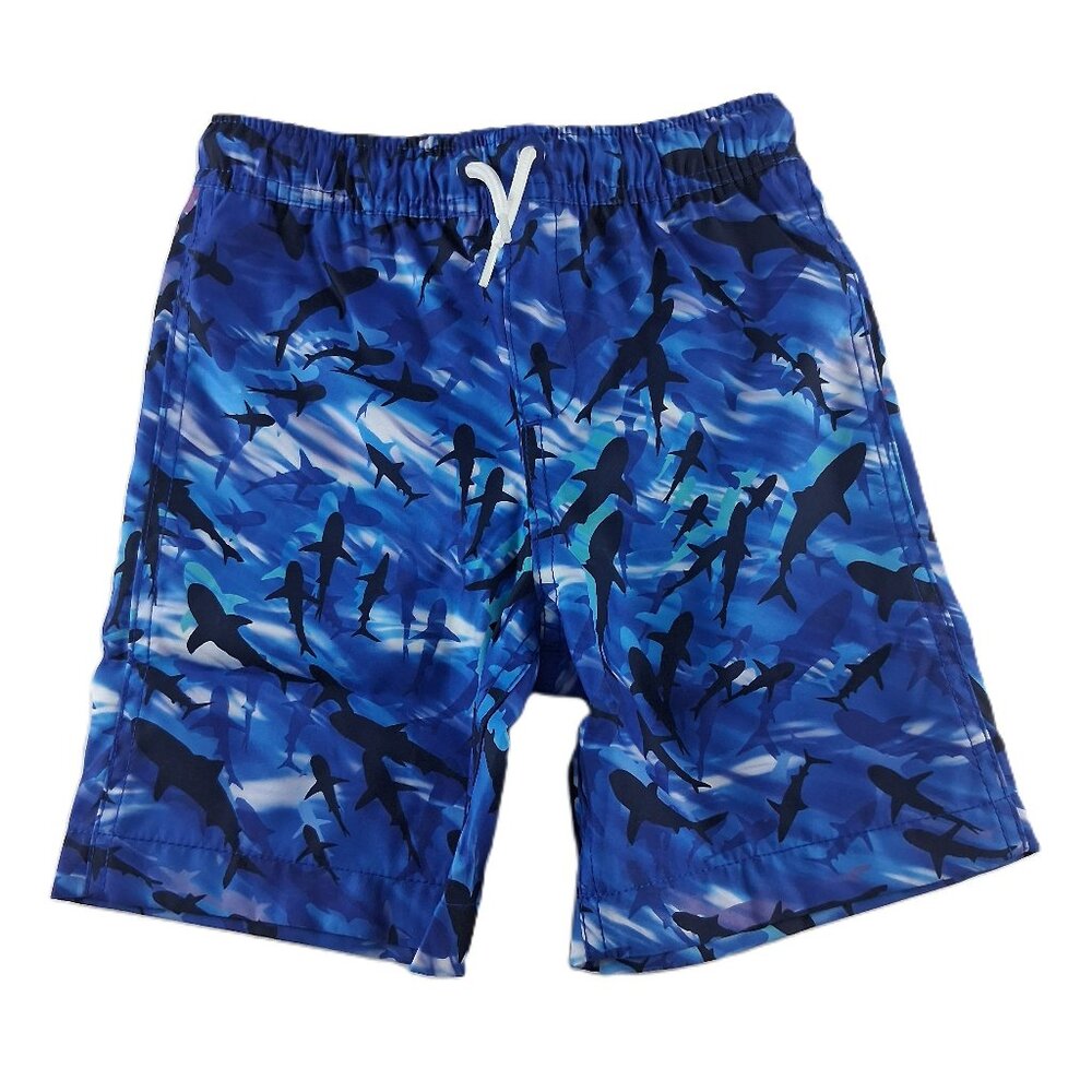 Lands' End Printed Swim Trunks Boys Size XS 4-5 Cool Sharks Blue Drawstring